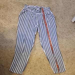 Jolt Blue and White Striped Paperbag Waist Pants